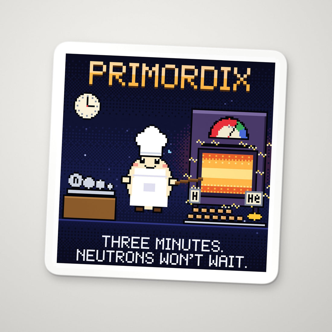 Primordix navy pixel-art physics sticker, Big Bang nucleosynthesis