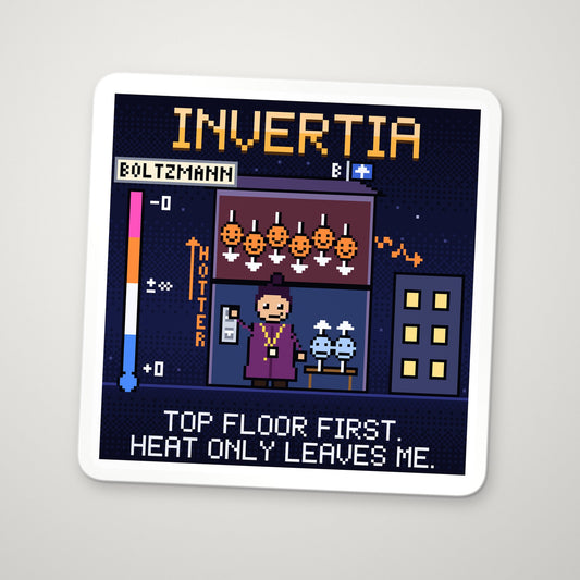 Invertia pixel-art sticker by Pixelated Physics, a character for negative absolute temperature with its populations turned up