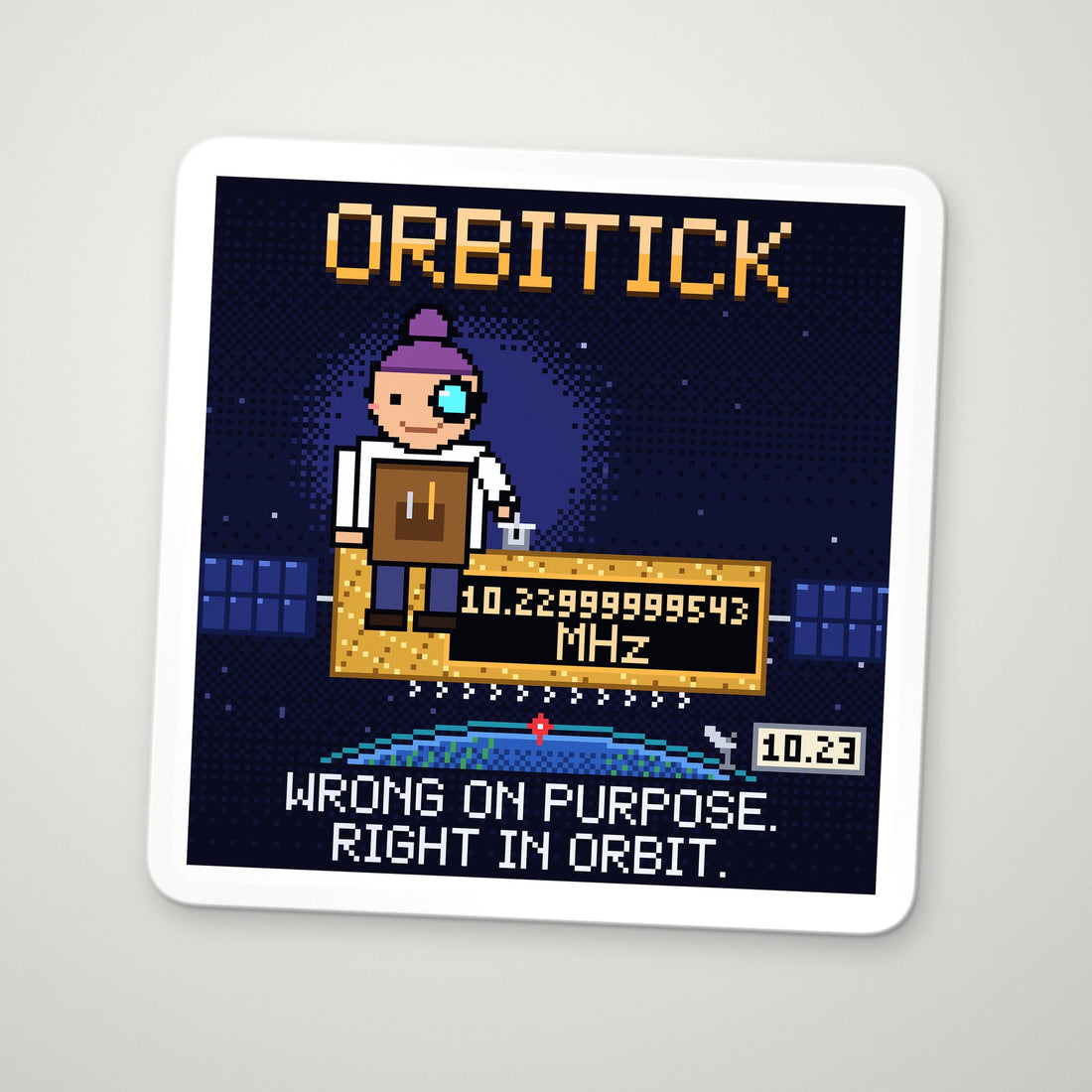 Orbitick pixel-art sticker by Pixelated Physics, a satellite clock character for the GPS relativity correction