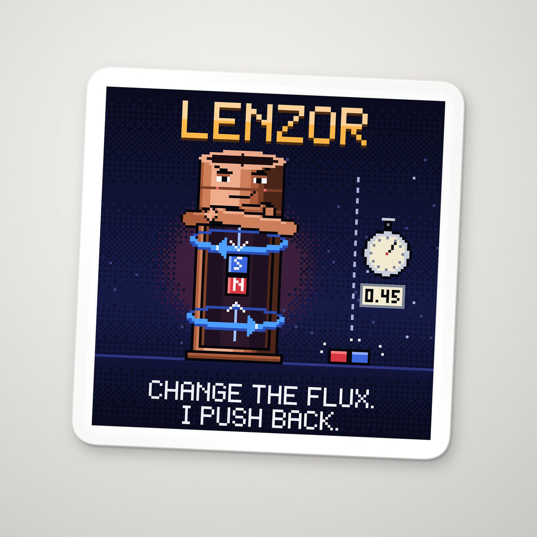Lenzor navy pixel-art physics sticker, Lenz’s law