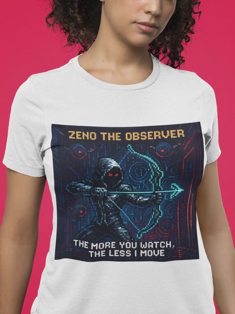 Zeno the Observer pixel-art tee by Pixelated Physics, a character who embodies the quantum Zeno effect