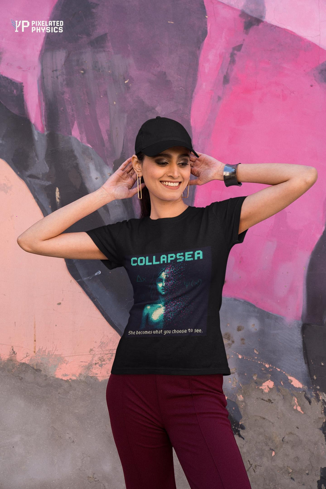 Black Collapsea physics T-shirt, pixel-art wave function collapse design, worn by a woman