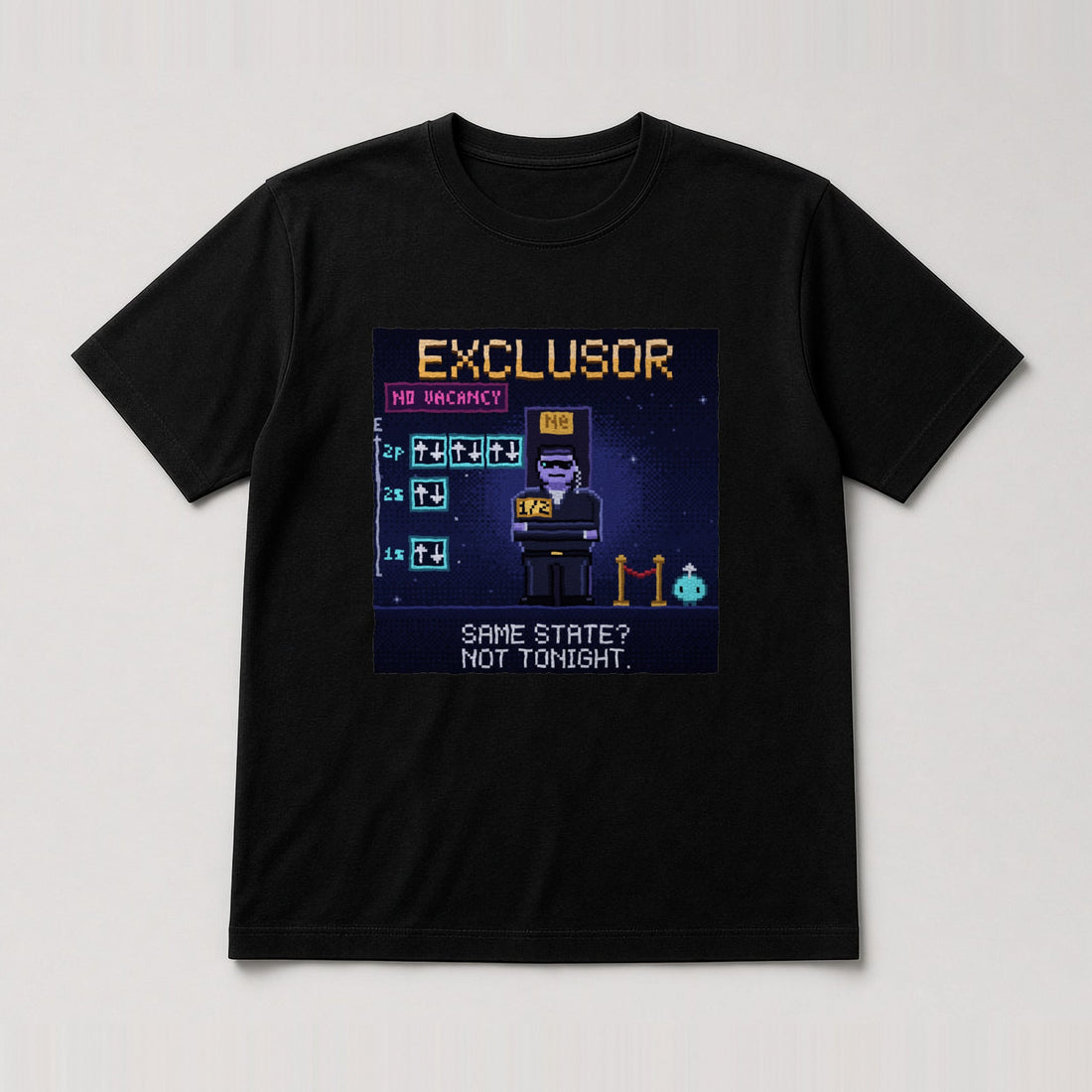 Black Exclusor physics T-shirt, pixel-art Pauli exclusion principle design, front view