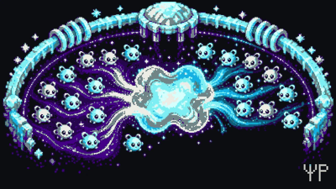 Pixel-art illustration for this Pixelated Physics post: a crowd of tiny pixel atom characters in an icy trap all merging into one big shared glowing wave blob, frosty sparkles