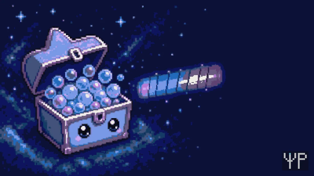 Pixel-art illustration for this Pixelated Physics post: a pixel star character opening up like a treasure chest to reveal it is mostly hydrogen bubbles with some helium, a glowing spectrum rainbow strip with dark lines beside it