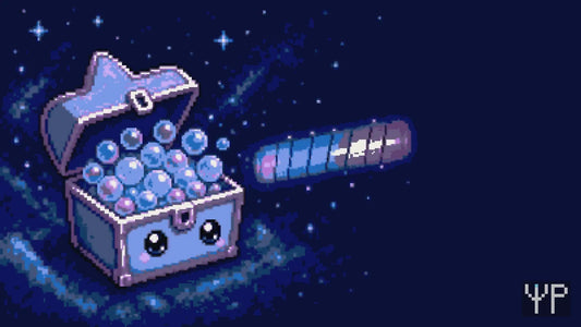 Pixel-art illustration for this Pixelated Physics post: a pixel star character opening up like a treasure chest to reveal it is mostly hydrogen bubbles with some helium, a glowing spectrum rainbow strip with dark lines beside it