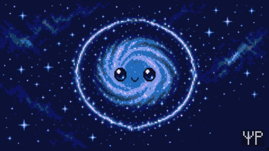 Pixel-art Einstein ring: a foreground galaxy bends the light of a galaxy directly behind it into a circular ring of arcs centered on it