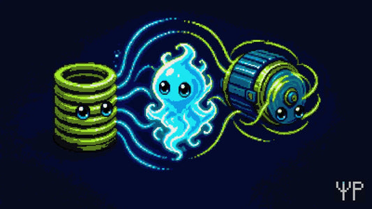 Pixel-art illustration for this Pixelated Physics post: three abstract pixel mascots of electromagnetism: a coil-and-magnet character, a glowing wave-equation spirit, and a spinning AC motor character, joined by arcs of field lines