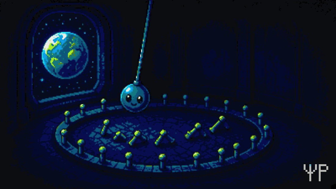 Pixel-art illustration for this Pixelated Physics post: a pixel pendulum bob character swinging over a circular floor marked with pixel pegs, a few pegs knocked over showing the swing plane slowly turning, a pixel Earth spinning in the window