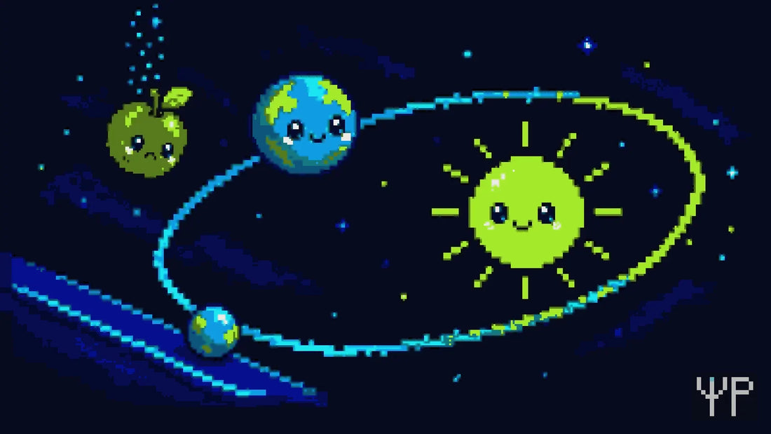 Pixel-art illustration for this Pixelated Physics post: a pixel planet character on an elliptical orbit around a sun, a falling apple character and a rolling ball on a ramp below