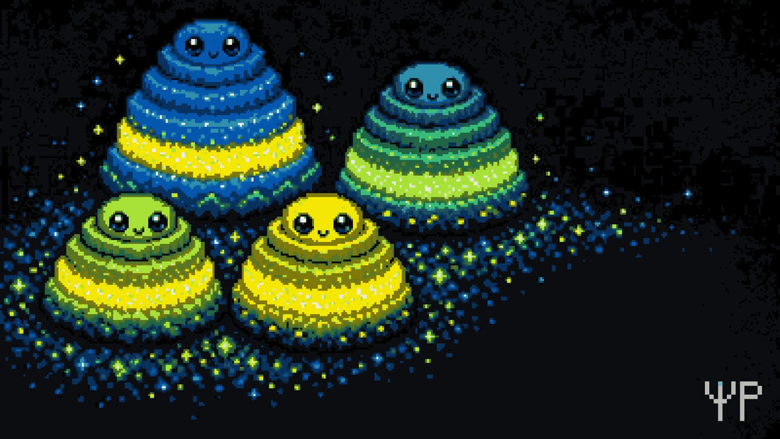 Pixel-art illustration for this Pixelated Physics post: pixel nucleus characters stacked into neat glowing shells like a layered cake, with extra-sparkly complete layers