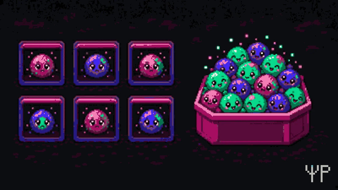 Pixel-art illustration for this Pixelated Physics post: two pixel crowds: fermion characters each standing alone in their own boxes, and boson characters happily piling together into one box