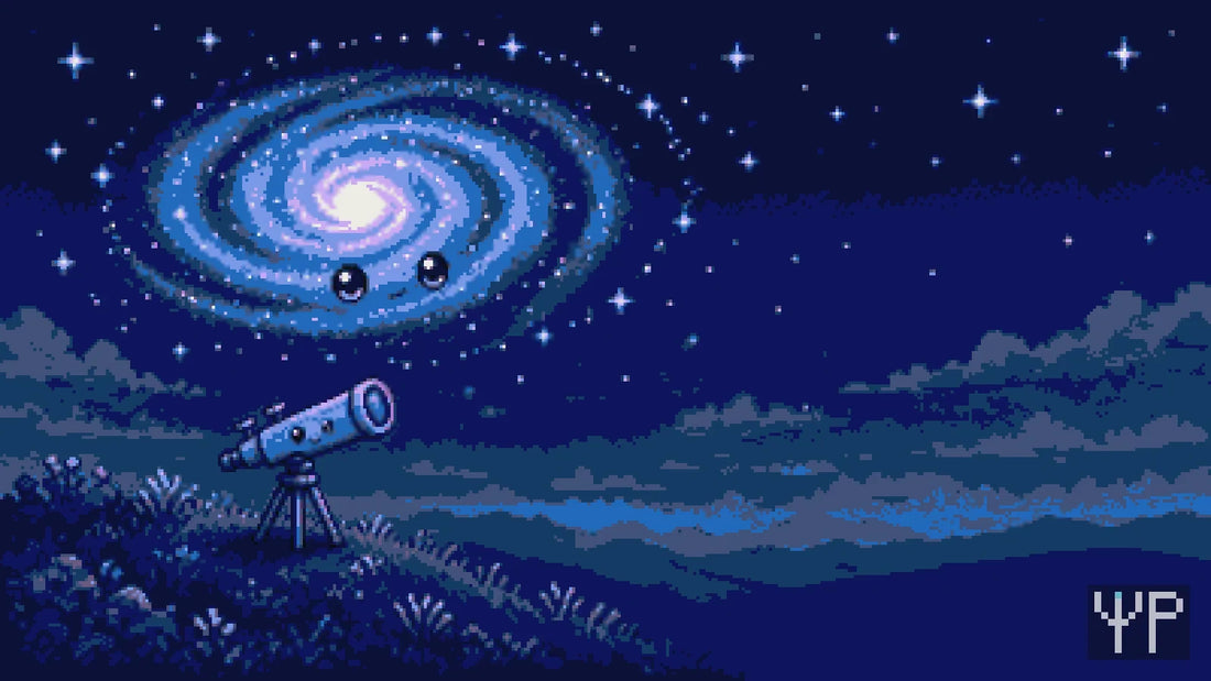Pixel-art illustration for this Pixelated Physics post: a spiral galaxy character spinning with outer stars keeping pace with inner ones, a small telescope character on a hill measuring them