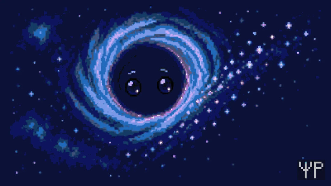 Pixel-art illustration for this Pixelated Physics post: a pixel black hole character glowing faintly at its edge, emitting a gentle drizzle of tiny particles, a chalkboard-free starry background
