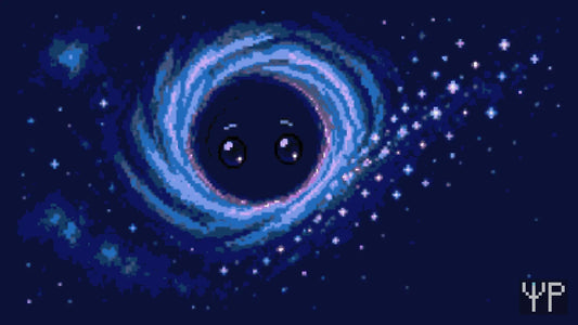 Pixel-art illustration for this Pixelated Physics post: a pixel black hole character glowing faintly at its edge, emitting a gentle drizzle of tiny particles, a chalkboard-free starry background