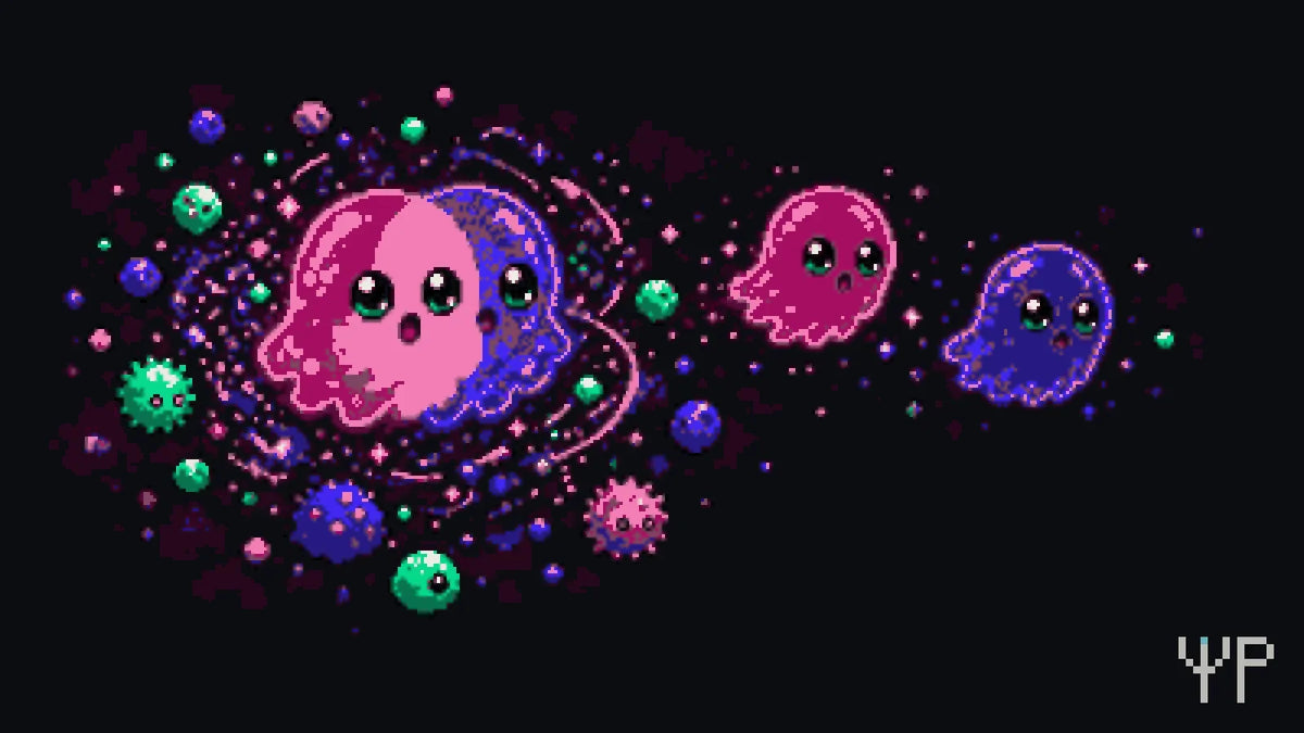 Pixel-art illustration for this Pixelated Physics post: a pixel qubit character in a blurry two-state superposition slowly being nudged by a crowd of tiny environment particles until its two ghost images separate
