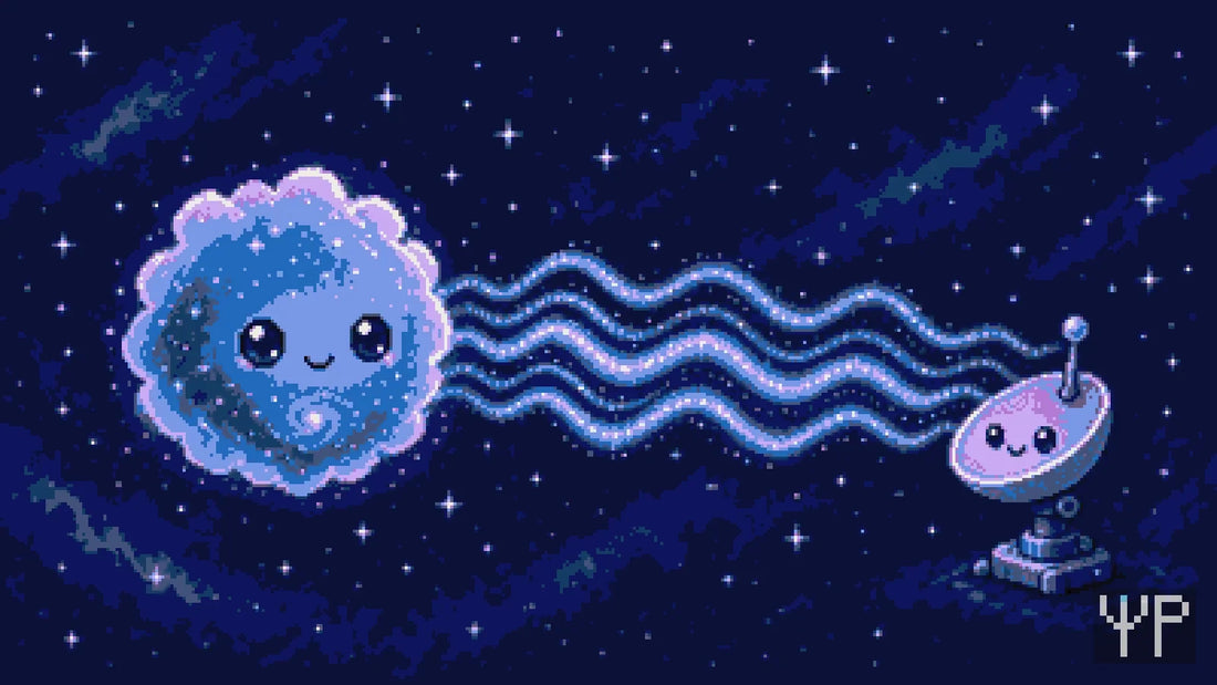 Pixel-art illustration for this Pixelated Physics post: a pixel baby universe character glowing softly, its oldest light stretched into long microwave ripples that reach a tiny pixel radio dish