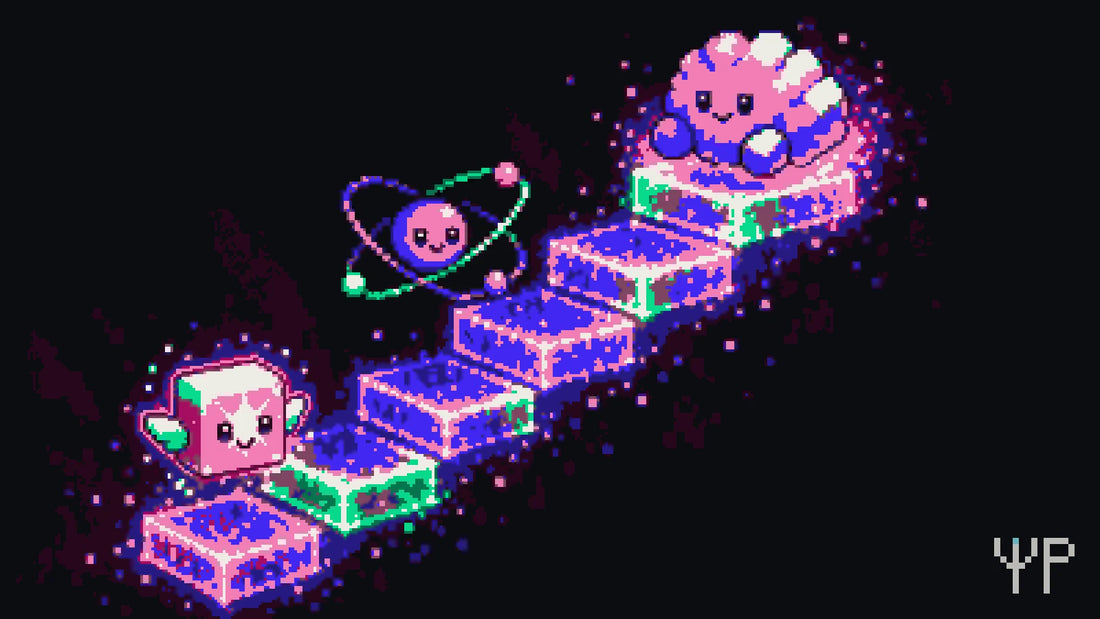 Pixel-art illustration for this Pixelated Physics post: three abstract pixel mascots of early quantum ideas: a glowing light-packet character, a tiny atom with stepped orbit rings, and a fuzzy uncertainty cloud, climbing a staircase of energy levels