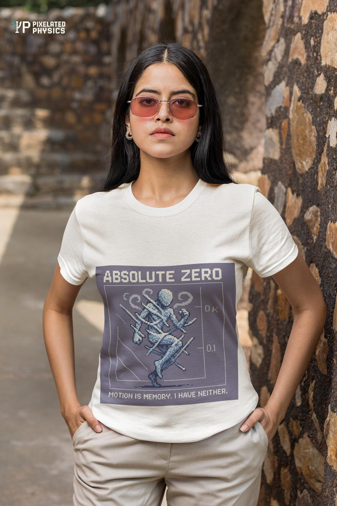White Absolute Zero physics T-shirt, pixel-art absolute zero, 0 kelvin design, worn by a woman