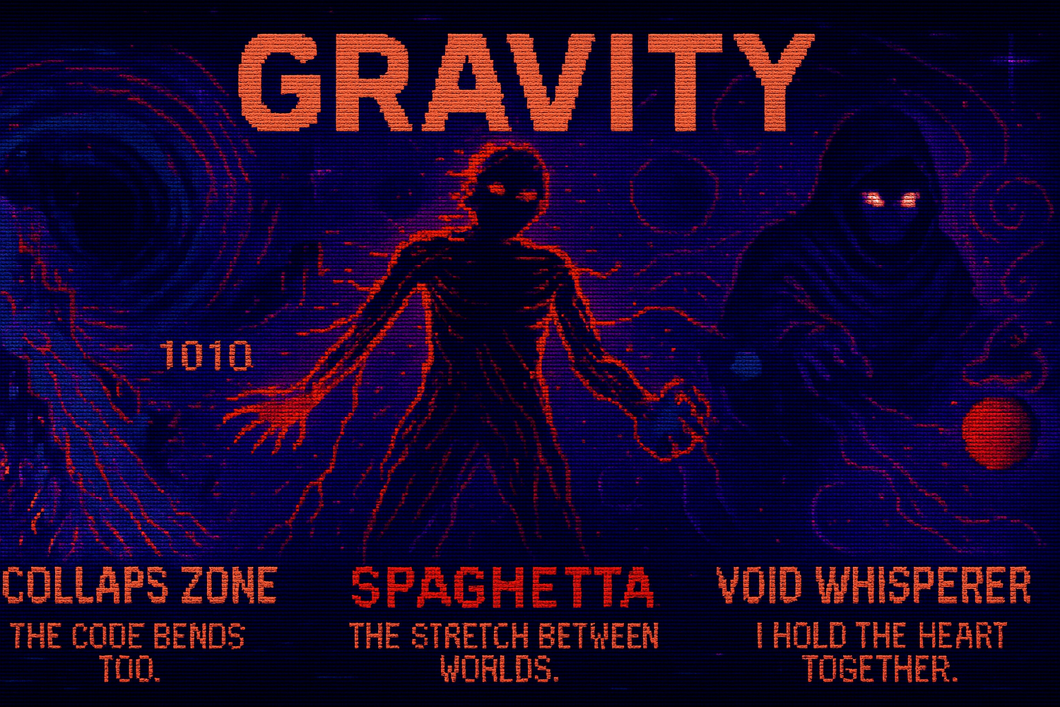 Dive into the Gravity Collection — a lineup of pixel-powered characters like Spaghetta, The Lurker, and Collapse Zone. Cosmic force, collapsed logic, wearable science.