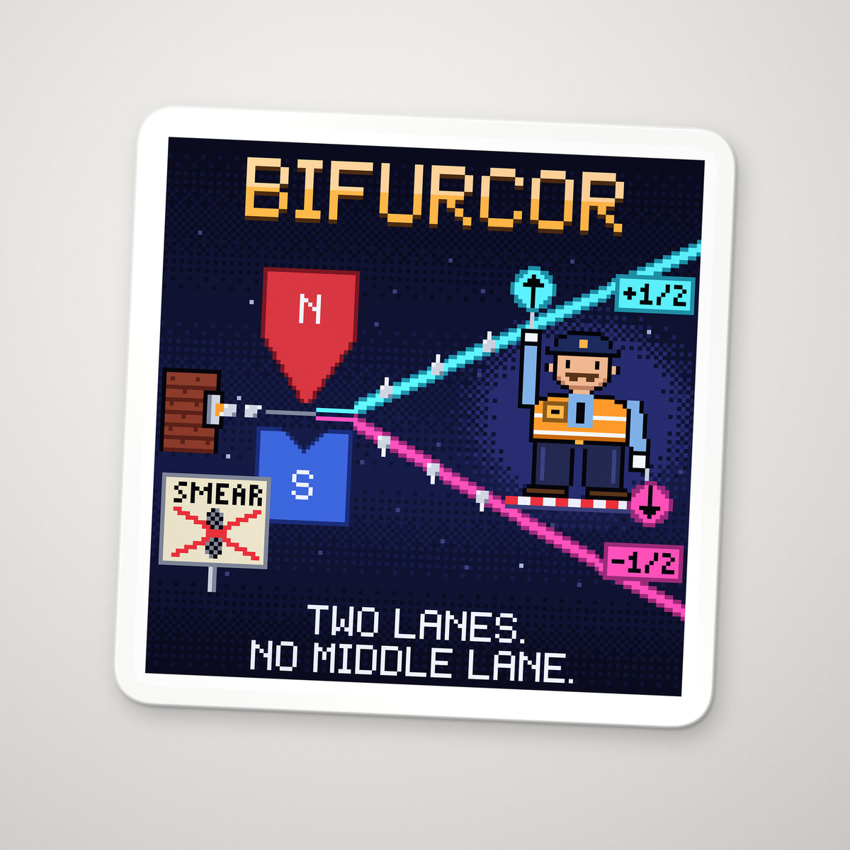 Bifurcor navy pixel-art physics sticker, Stern–Gerlach