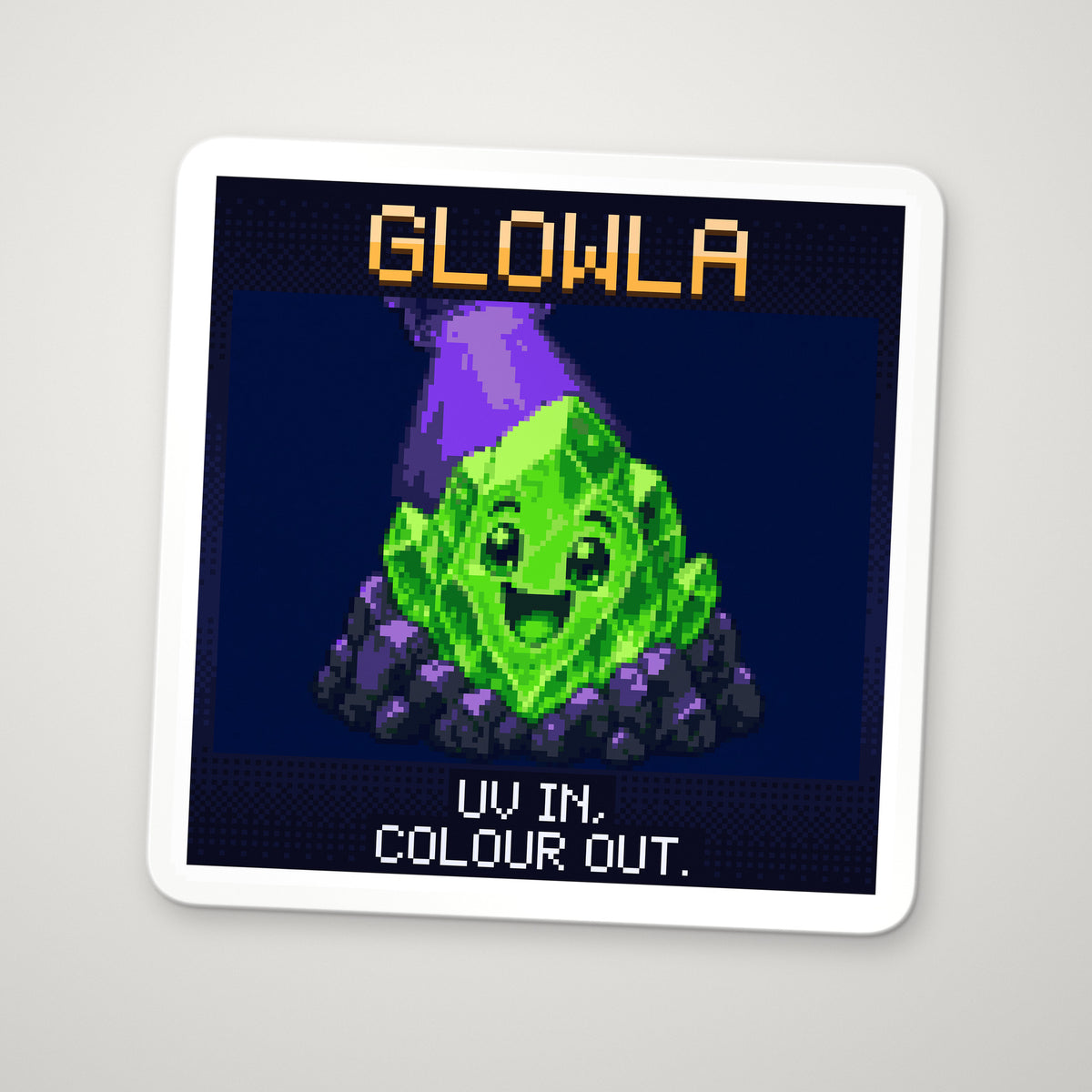 Pixel-art sticker of Glowla, personifying Fluorescence, with the caption “UV In, Colour Out.”