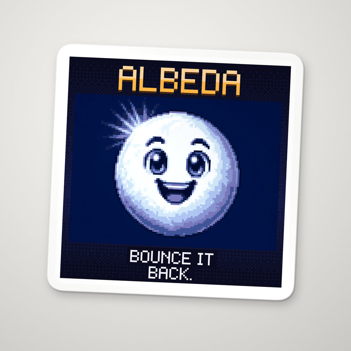 Pixel-art sticker of Albeda, personifying Albedo, with the caption “Bounce It Back.”