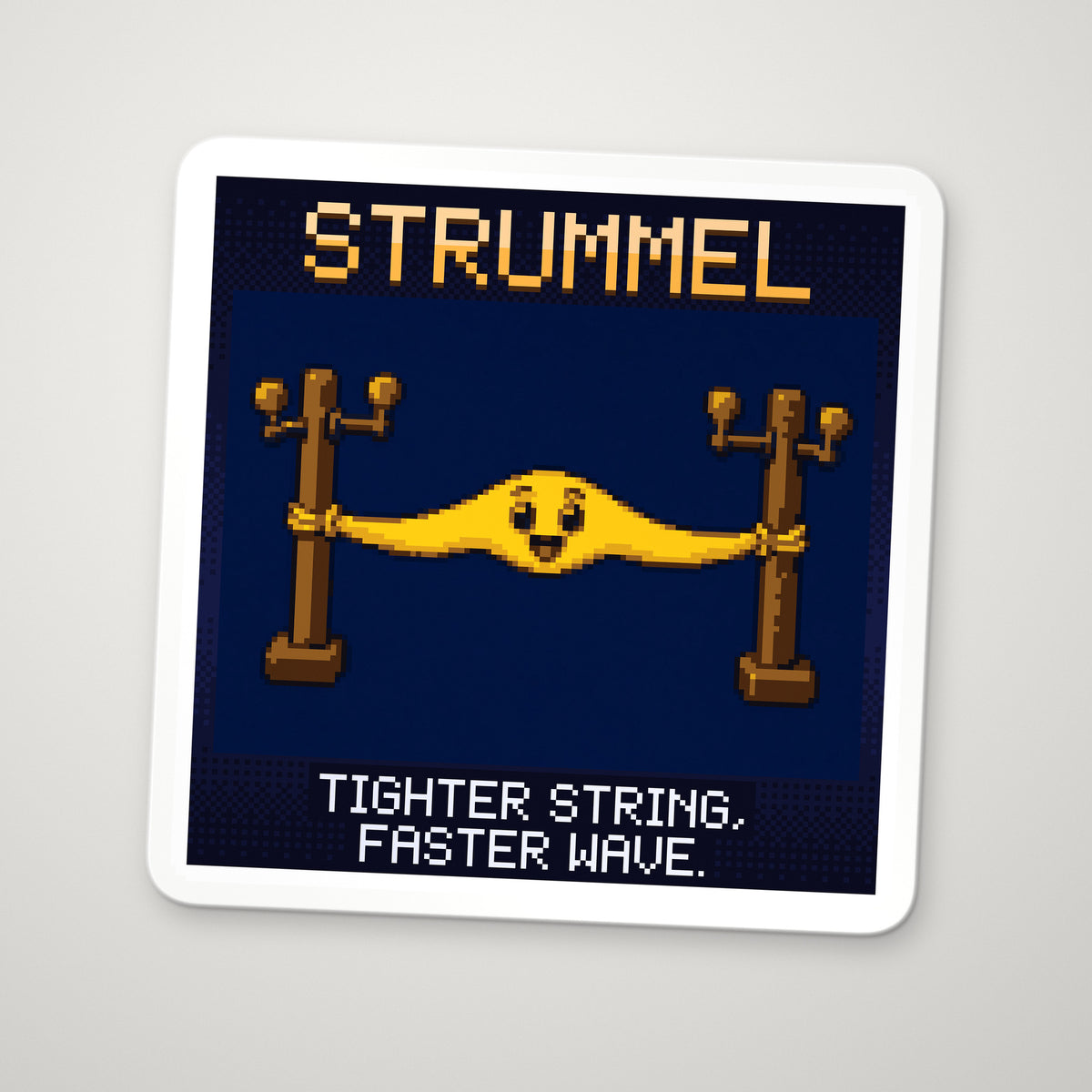 Pixel-art sticker of Strummel, personifying Wave Speed on a String, with the caption “Tighter String, Faster Wave.”