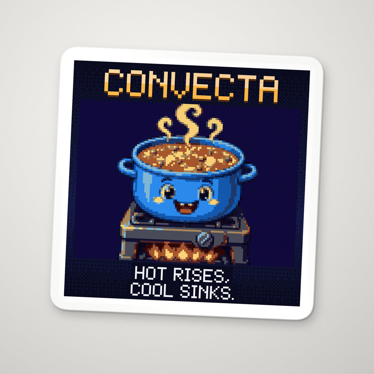 Pixel-art sticker of Convecta, personifying Convection, with the caption “Hot Rises, Cool Sinks.”