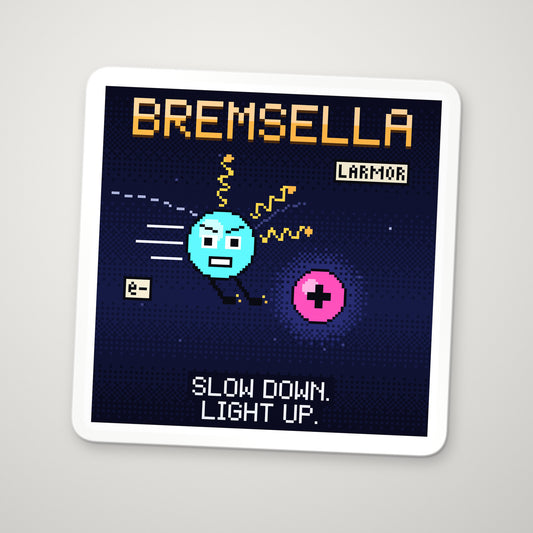 Bremsella pixel-art physics sticker – bremsstrahlung, an electron braking past a nucleus and emitting photons