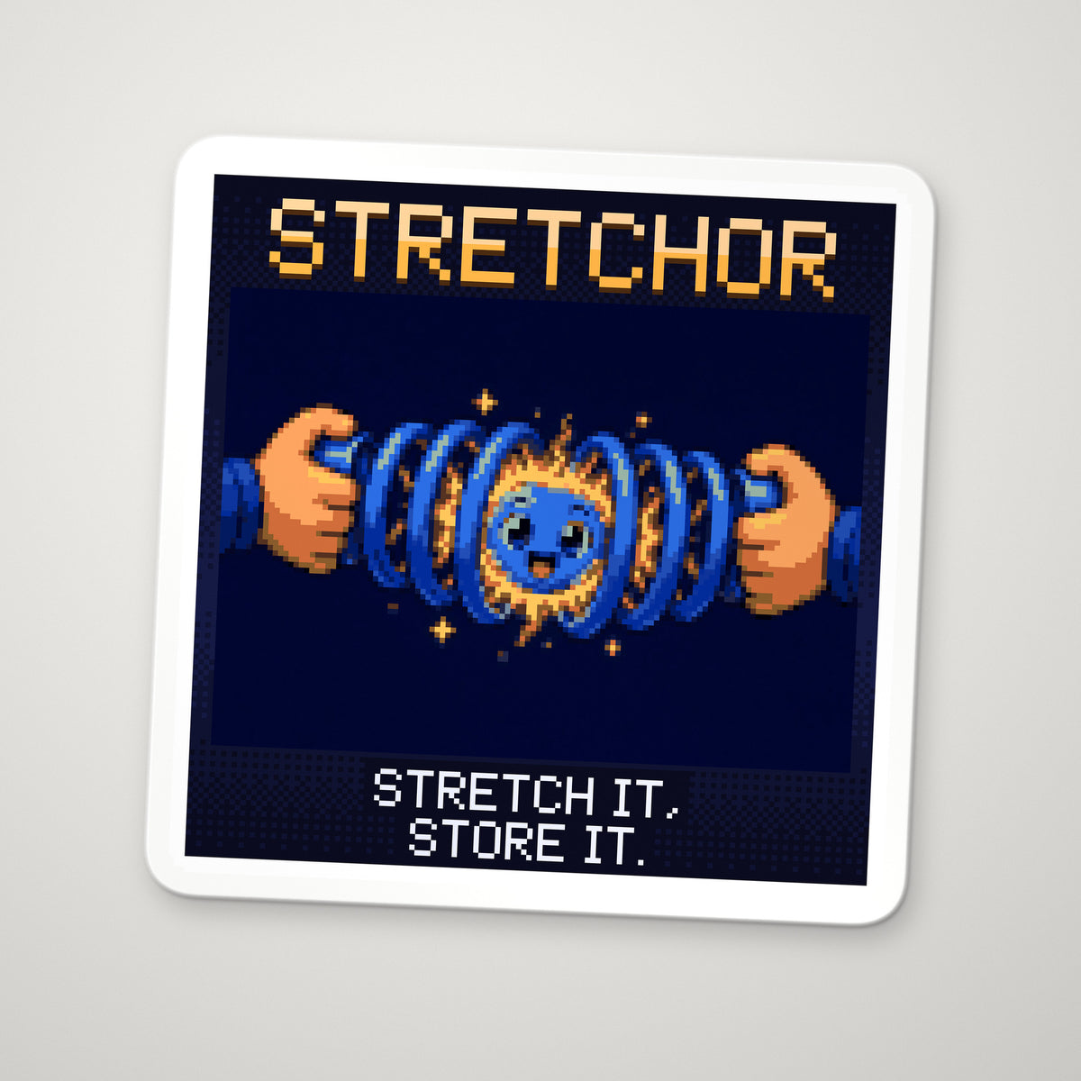 Pixel-art sticker of Stretchor, personifying Elastic Potential Energy, with the caption “Stretch It, Store It.”