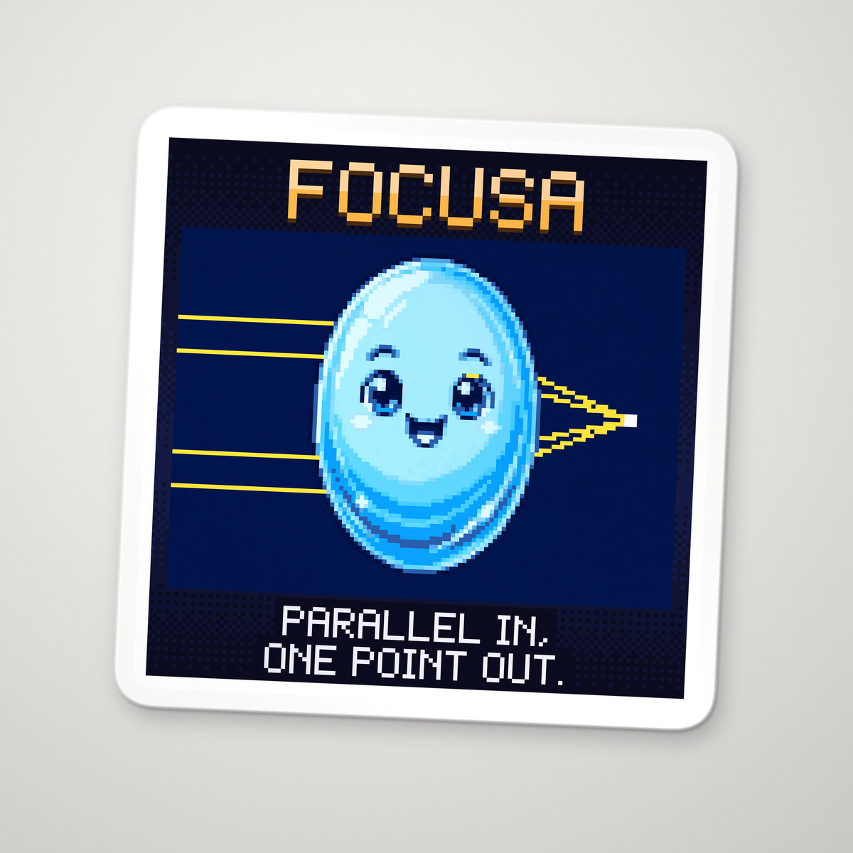Pixel-art sticker of Focusa, personifying Thin Lens Equation, with the caption “Parallel In, One Point Out.”