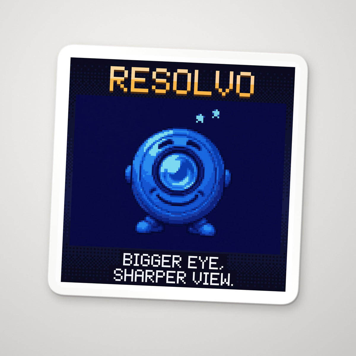 Pixel-art sticker of Resolvo, personifying Rayleigh Criterion, with the caption “Bigger Eye, Sharper View.”