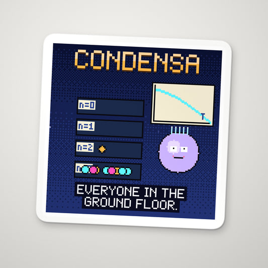 Condensa pixel-art physics sticker – bosons in a Bose–Einstein condensate