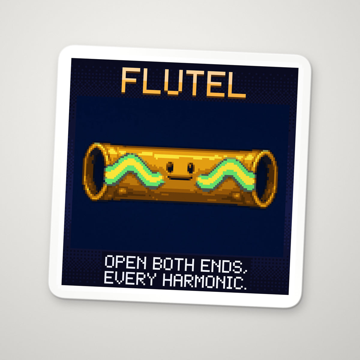Pixel-art sticker of Flutel, personifying Open Pipe Resonance, with the caption “Open Both Ends, Every Harmonic.”
