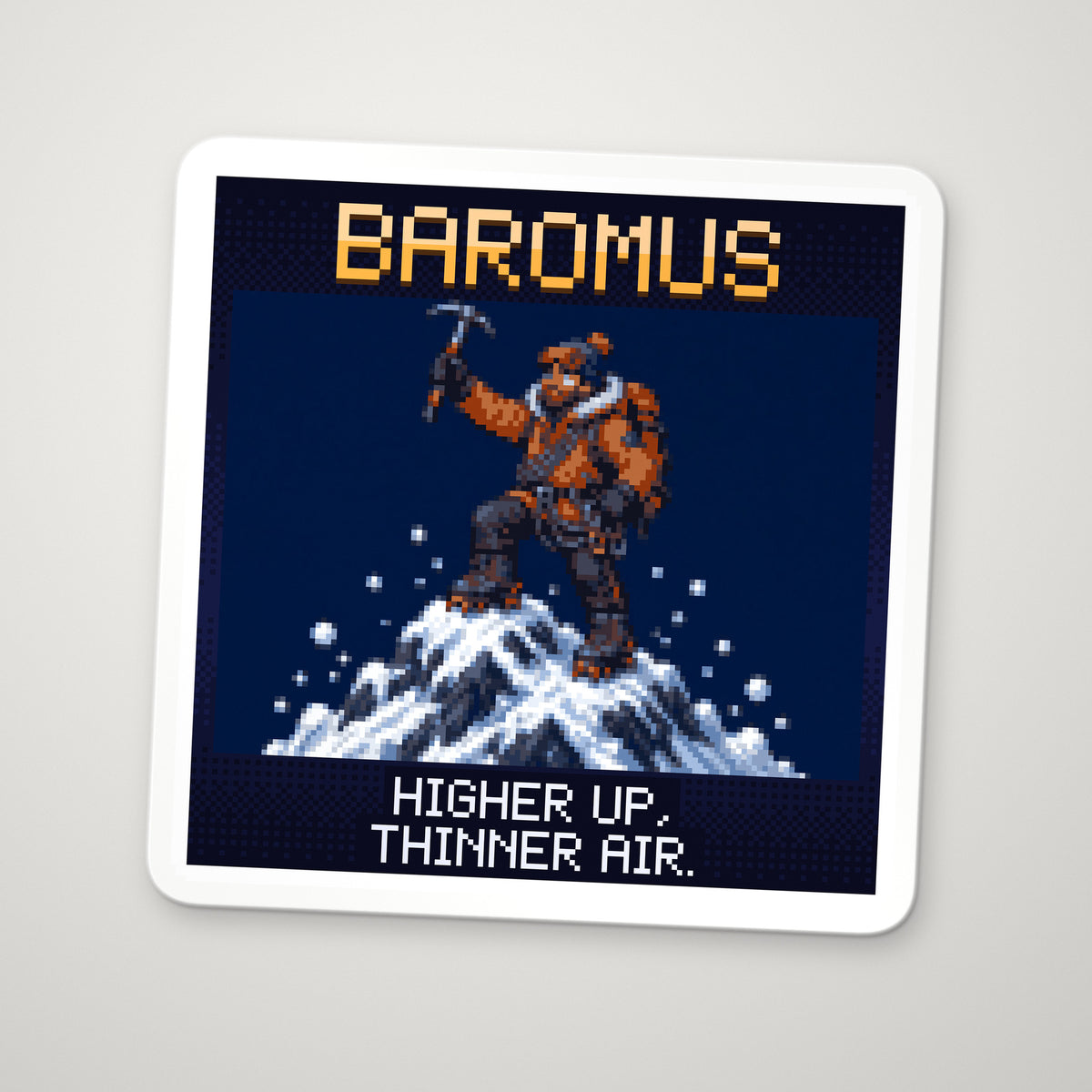 Pixel-art sticker of Baromus, personifying Barometric Formula, with the caption “Higher Up, Thinner Air.”