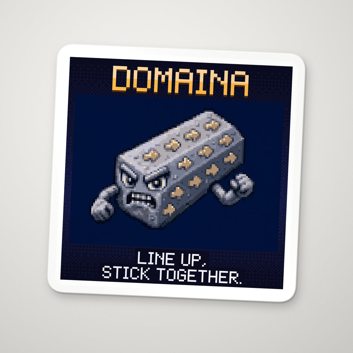 Pixel-art sticker of Domaina, personifying Magnetic Domains, with the caption “Line Up, Stick Together.”
