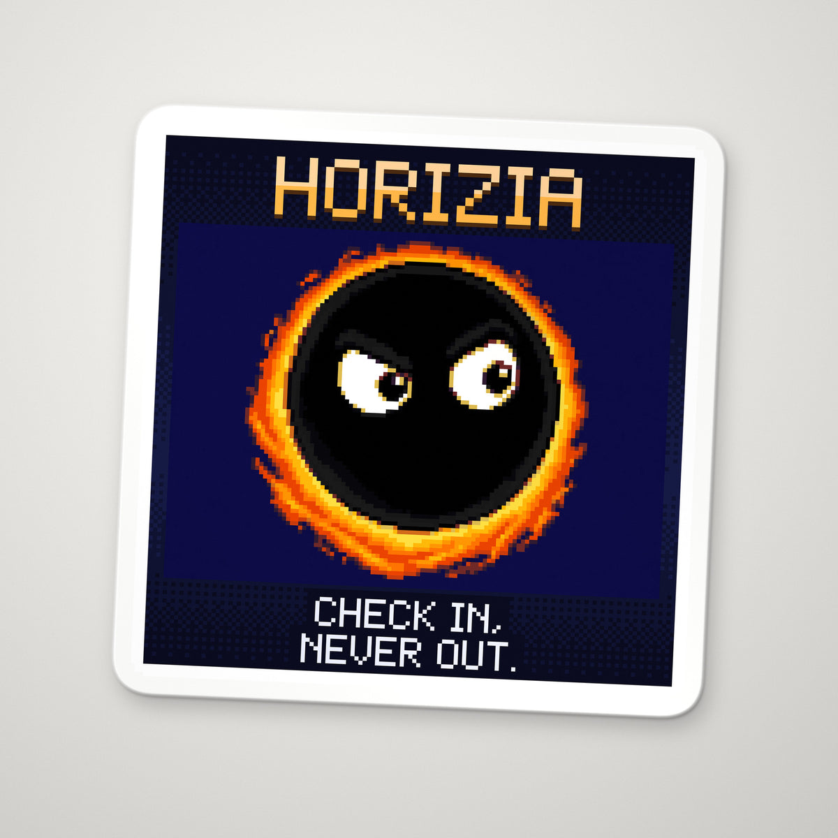 Pixel-art sticker of Horizia, personifying Schwarzschild Radius, with the caption “Check In, Never Out.”