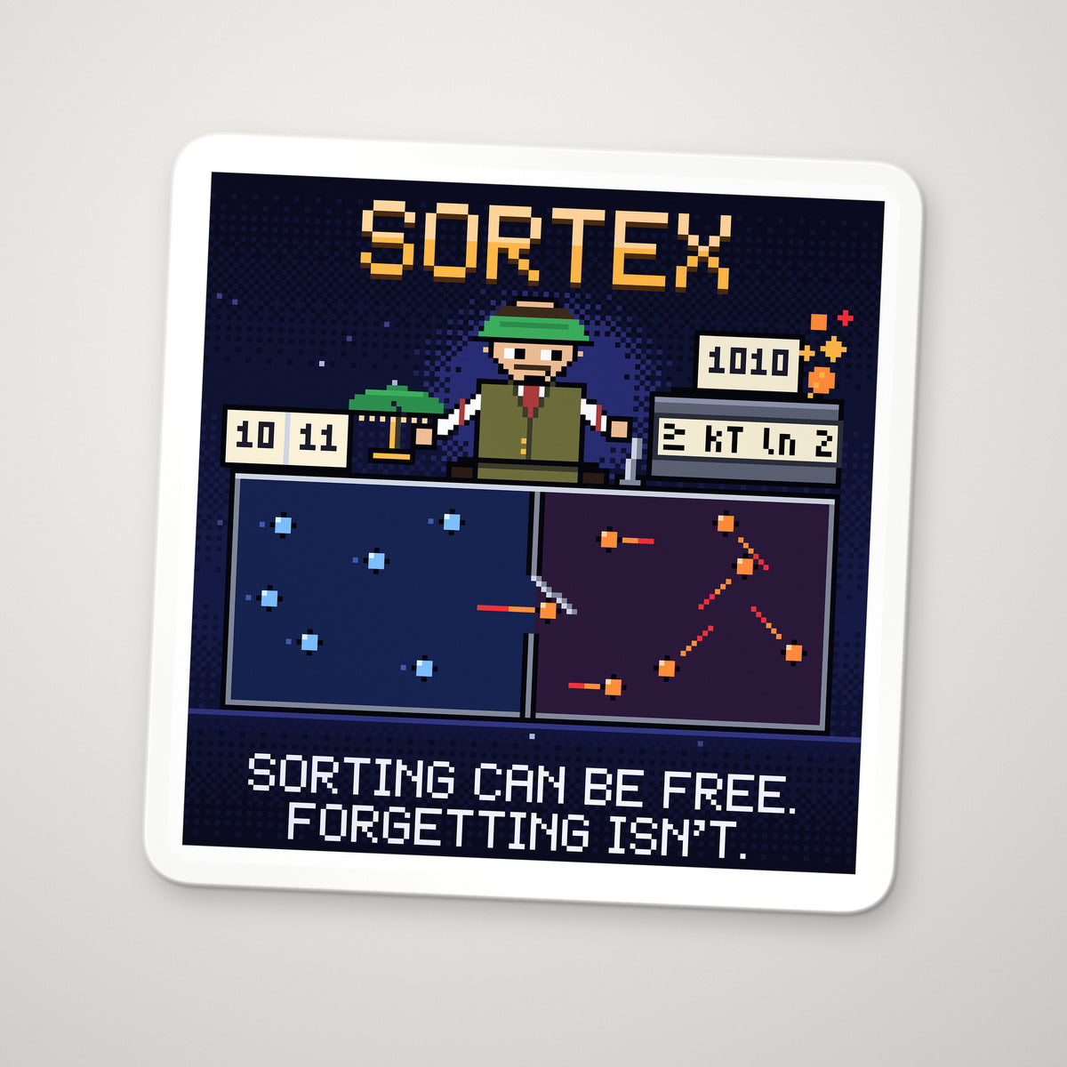 Sortex navy pixel-art physics sticker, Maxwell’s demon