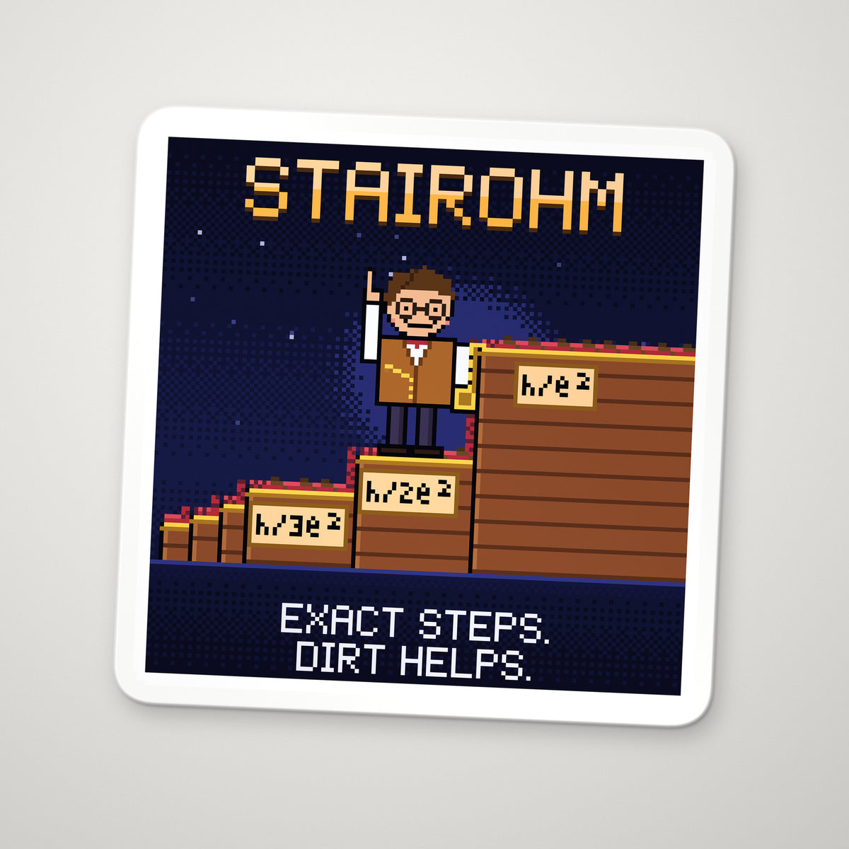 Stairohm navy pixel-art physics sticker, quantum Hall effect
