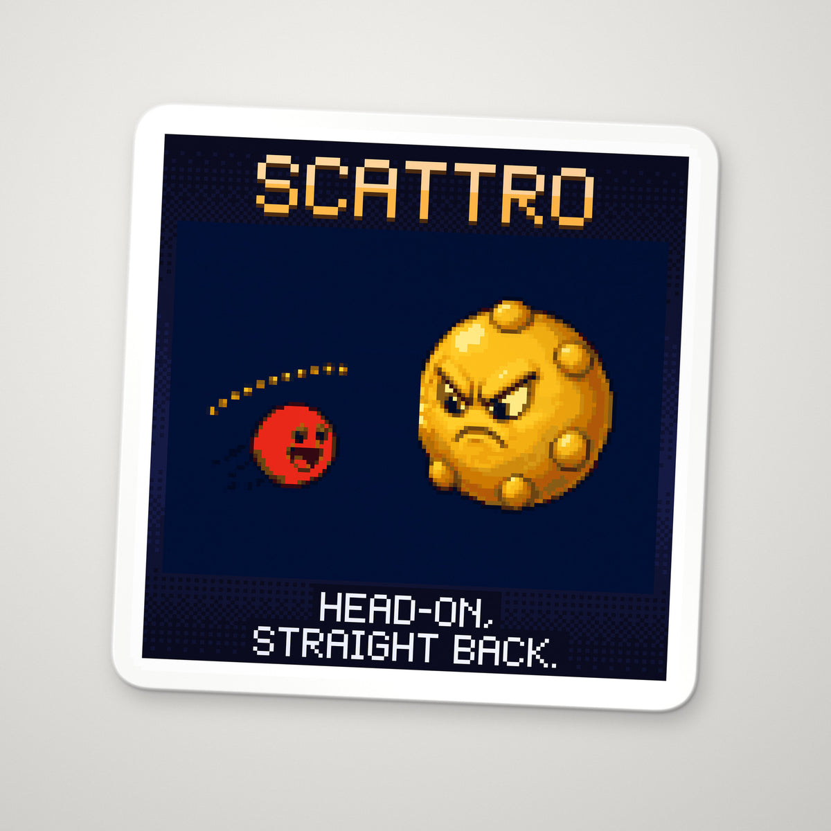 Pixel-art sticker of Scattro, personifying Closest Approach, with the caption “Head-On, Straight Back.”