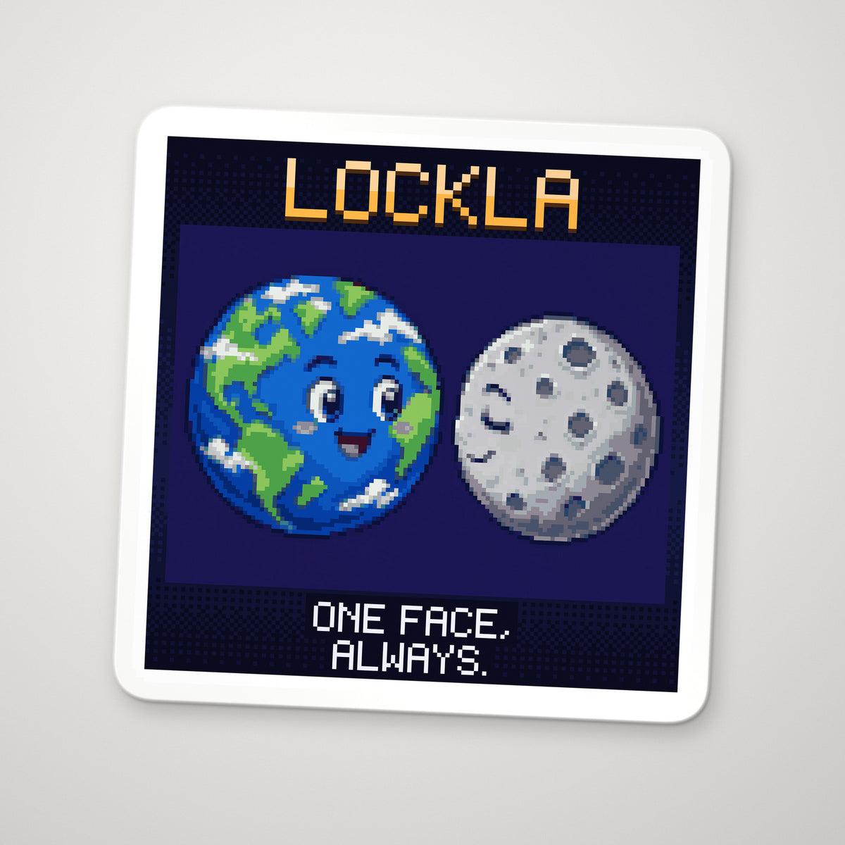 Pixel-art sticker of Lockla, personifying Tidal Locking, with the caption “One Face, Always.”