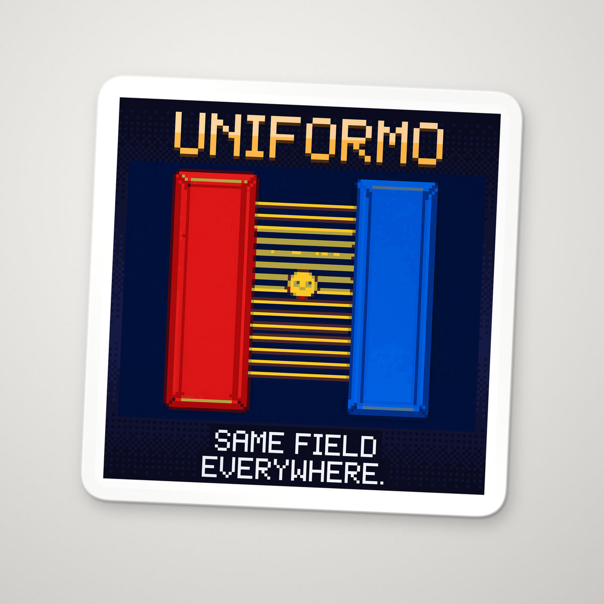 Pixel-art sticker of Uniformo, personifying Uniform Electric Field, with the caption “Same Field Everywhere.”