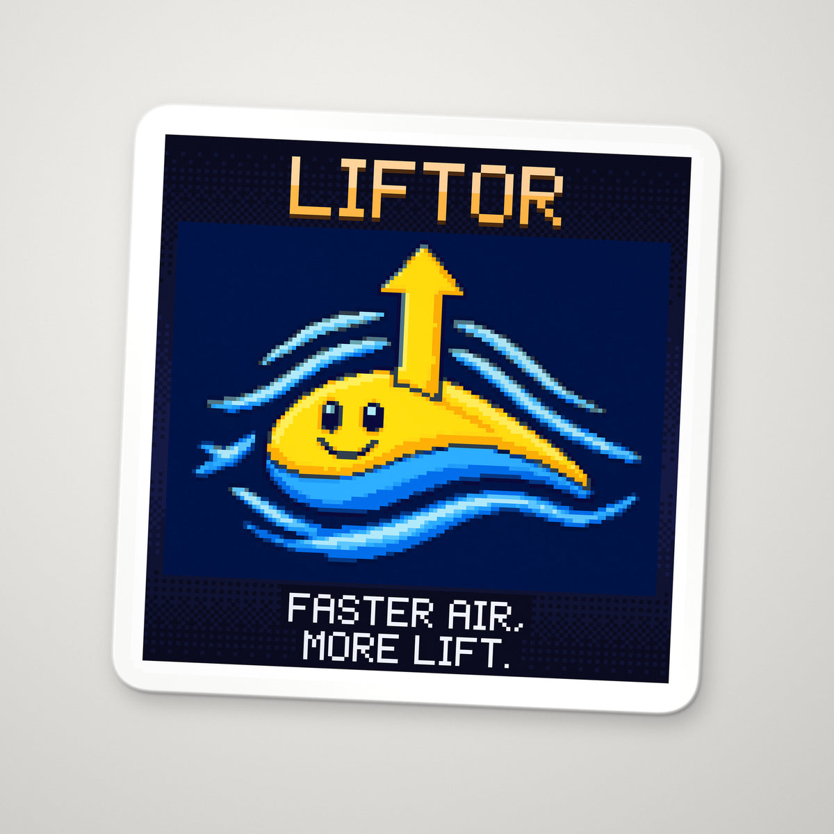 Pixel-art sticker of Liftor, personifying Lift Equation, with the caption “Faster Air, More Lift.”