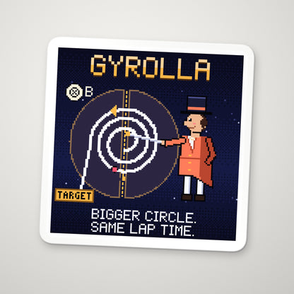 Gyrolla navy pixel-art physics sticker, cyclotron motion