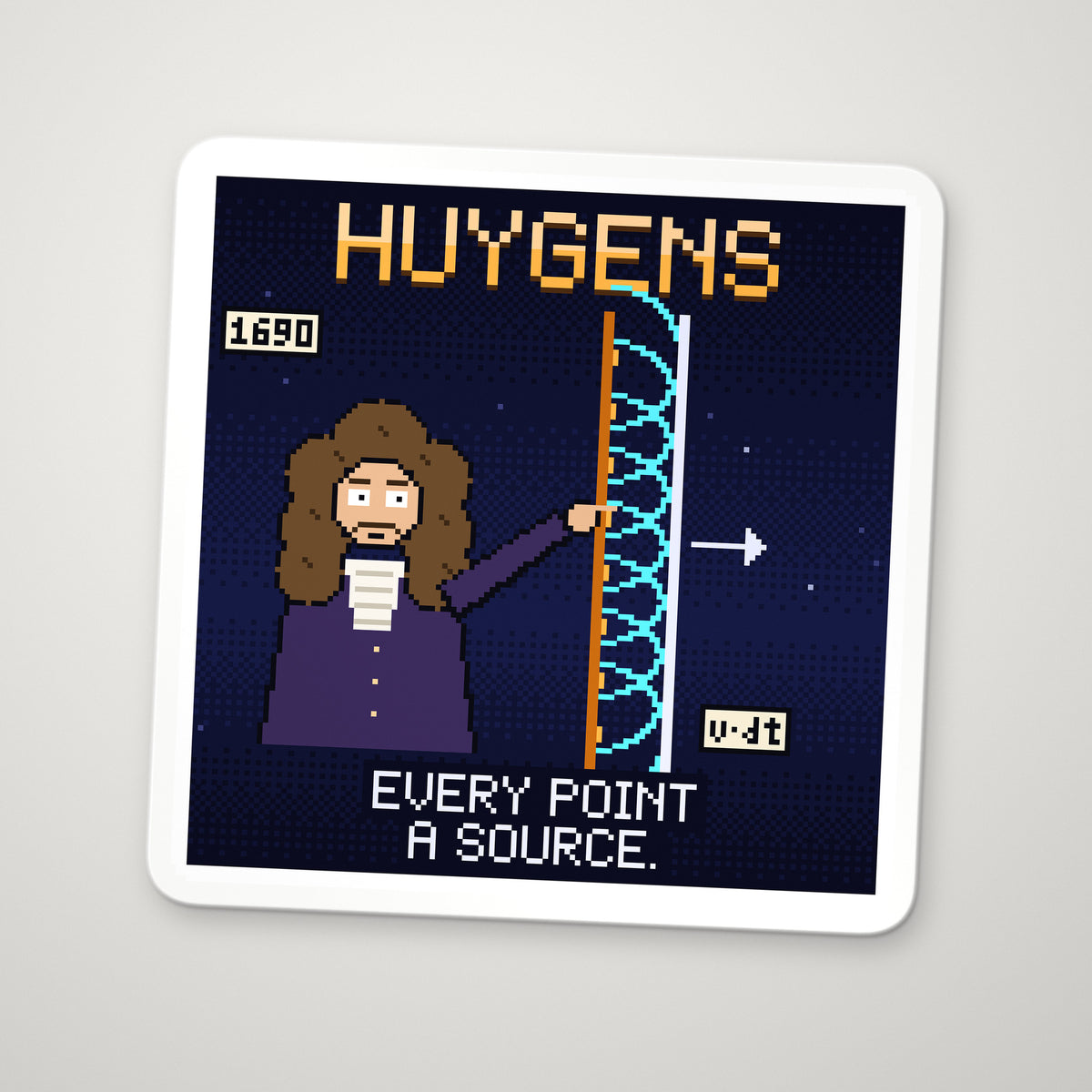 Christiaan Huygens pixel-art physics sticker – Huygens’ principle, every point a source