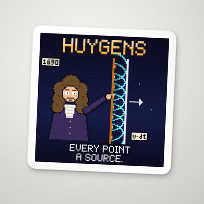 Christiaan Huygens pixel-art physics sticker – Huygens’ principle, every point a source