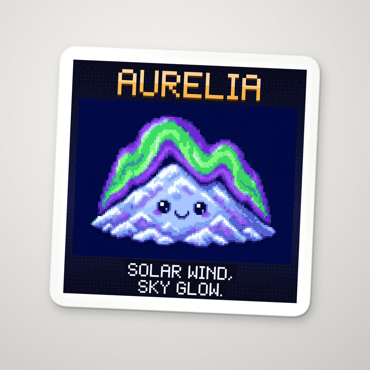 Pixel-art sticker of Aurelia, personifying Aurora, with the caption “Solar Wind, Sky Glow.”