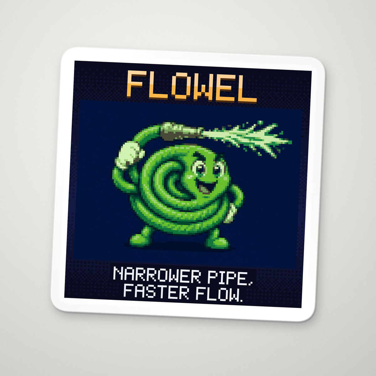 Pixel-art sticker of Flowel, personifying Continuity Equation, with the caption “Narrower Pipe, Faster Flow.”