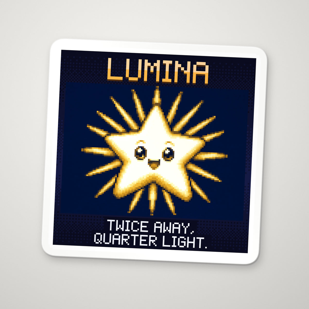 Pixel-art sticker of Lumina, personifying Inverse-Square Law, with the caption “Twice Away, Quarter Light.”